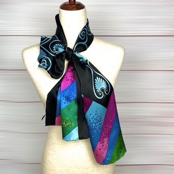 Rush Limbaugh Vintage Silk Black with Blue Pink Green Hand Rolled Scarf - Picture 2 of 13